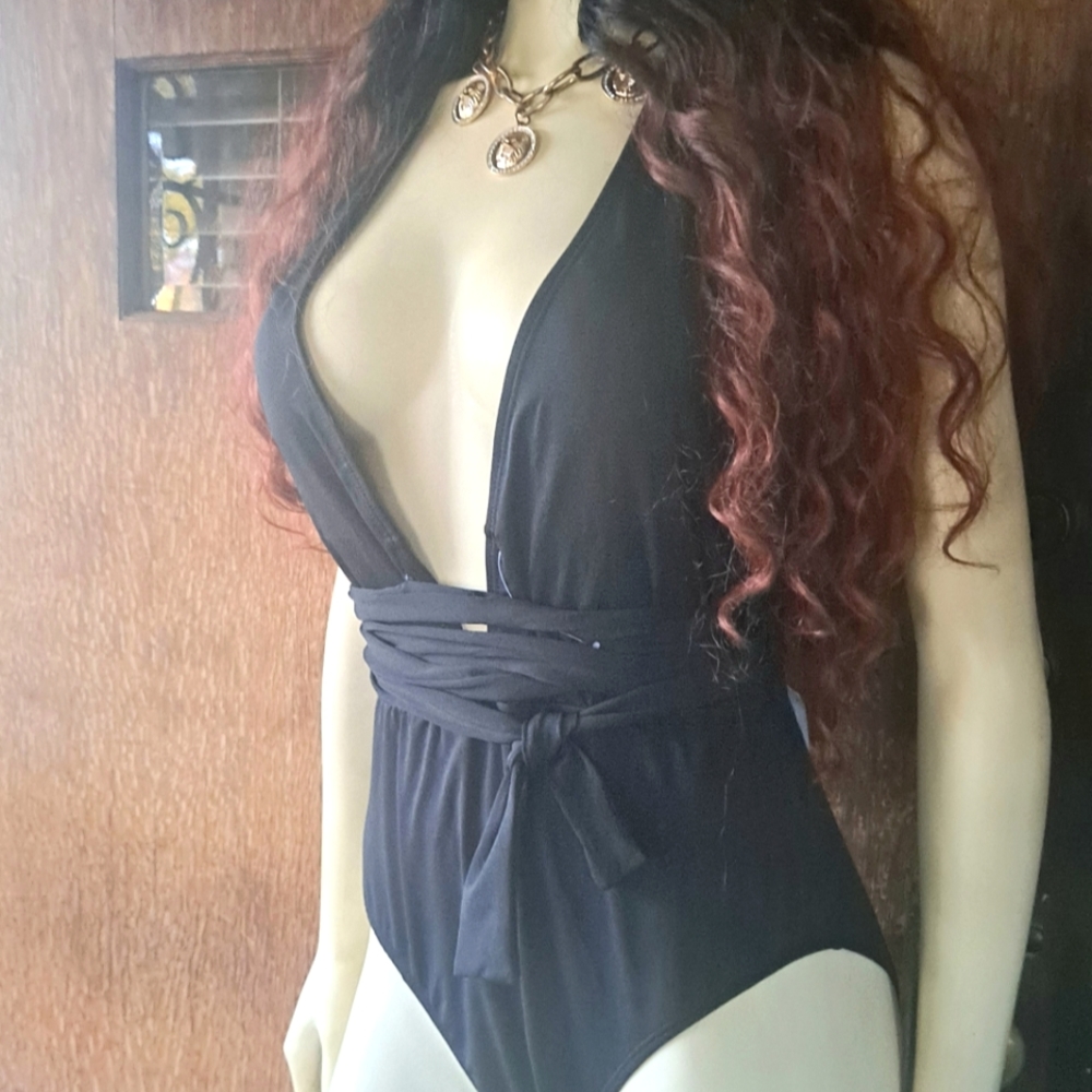 Black One Piece Swimsuit Plunging Neckline with Ties